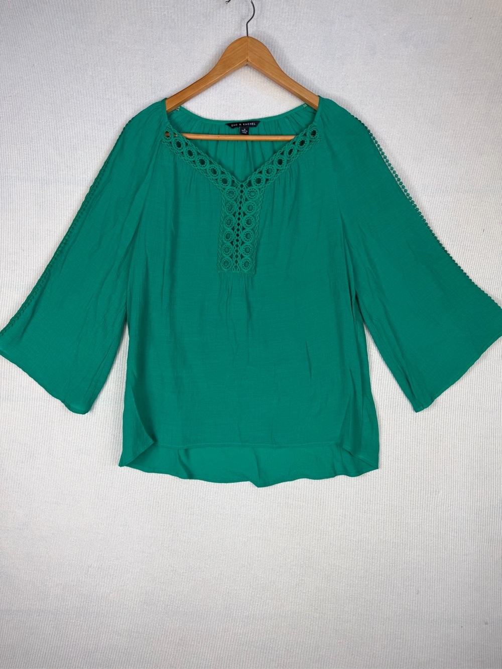 Zac & Rachel Emerald Green Crochet Trim Peasant Blouse Size M Boho Bell Sleeve